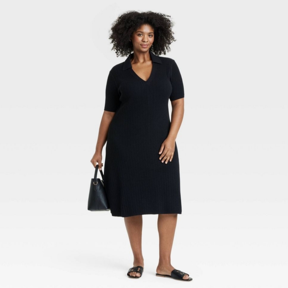 NWT Black Ribbed Shirt Sleeve Midi Dress Size XXL
